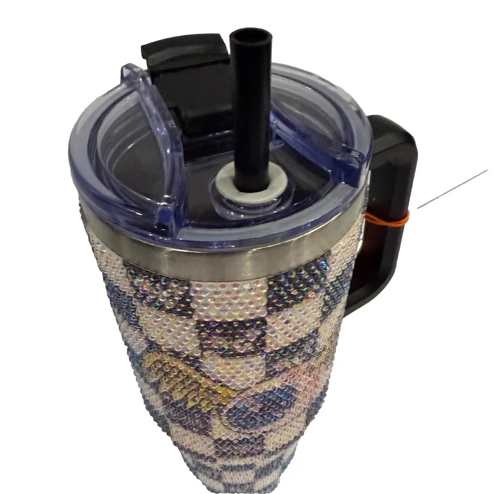 Von Dutch Rhinestone Checkered Eyeball Tumbler Handle Cup‎ NWT Bling